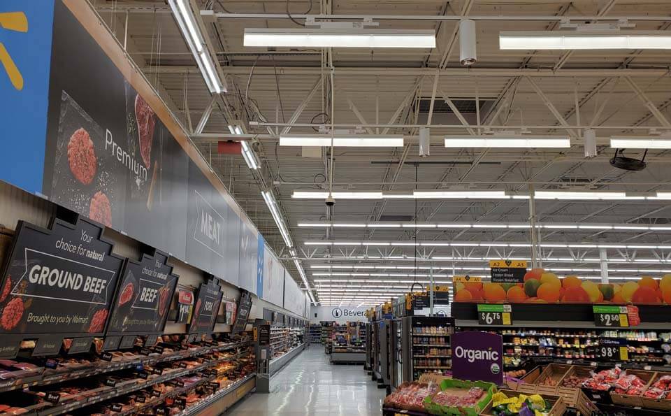 Walmart produce section with LED lights